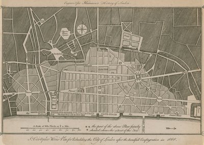 Sir Christopher Wrens Plan zum Wiederaufbau der Stadt London nach dem schrecklichen Brand von 1666 von English School