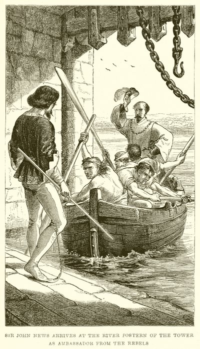 Sir John News kommt als Botschafter der Rebellen am Flusspostern des Turms an von English School
