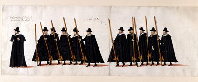 Sir Walter Raleigh, Hauptmann der Garde, und die Garde. Teil des Trauerzugs von Königin Elisabeth I. zur Westminster Abbey, 28. April 1603 von English School