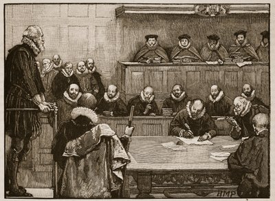 Sir Walter Raleigh vor den Richtern, Illustration aus Cassells Illustrierter Geschichte Englands von English School