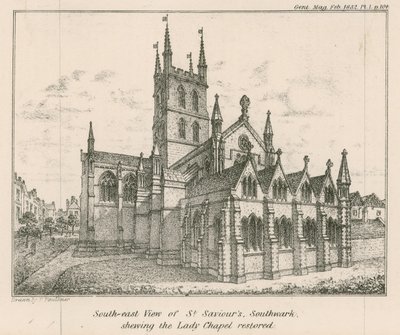 Südostansicht der St. Saviours Kirche, Southwark, zeigt die restaurierte Lady Chapel von English School