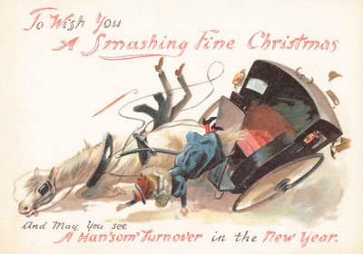 Schnelles Pferd und Kutsche kippen um, Weihnachtskarte von English School