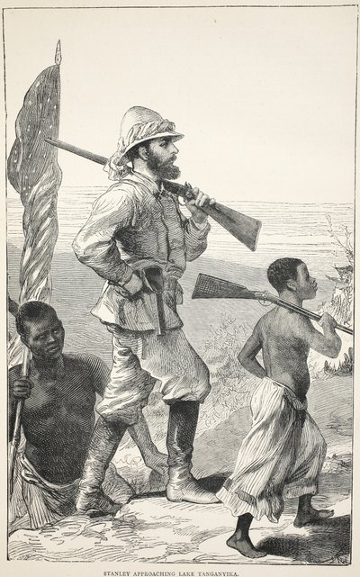 Stanley nähert sich dem Tanganjikasee, Illustration aus der Bildausgabe des Lebens und der Entdeckungen von David Livingstone von J. Ewing Richie, veröffentlicht von A. Fullarton & Co., 1876 von English School