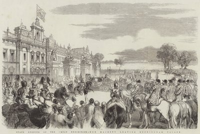 Staatliche Eröffnung der Großen Ausstellung, Ihre Majestät verlässt den Buckingham Palace (Stich) von English School
