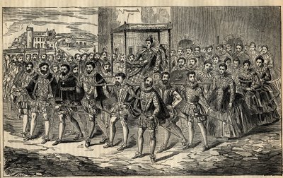 Staatsbesuch von Königin Elizabeth - Königin Elizabeth I. (1533-1603) mit ihren Beratern - Charles, Lord Howard of Effingham; George Clifford, Herzog von Cumberland; Thomas Butler, Earl of Ormonde; George Talbot, 7. Earl of Shrewsbury; Edward Somerset, Ear von English School