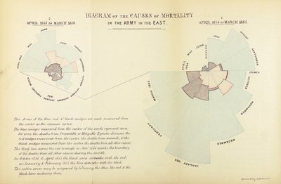 Statistisches Diagramm, erfunden von Florence Nightingale, um die Vorherrschaft von Krankheiten als Todesursache in der britischen Armee während des Krimkriegs zu zeigen, April 1854 bis März 1855 und April 1855 bis Mai 1856 von English School