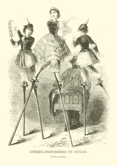 Straßenkünstler auf Stelzen (Gravur) von English School