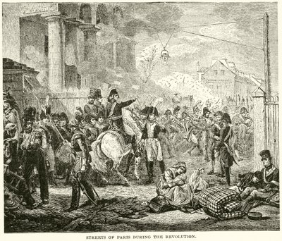 Straßen von Paris während der Revolution (Stich) von English School