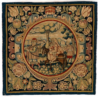Wandteppich-Kissenbezug mit der Flucht nach Ägypten, möglicherweise hergestellt in Sheldon, England, frühes 17. Jahrhundert von English School