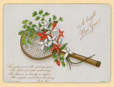 Tennisschläger und Blumen, Neujahrskarte von English School