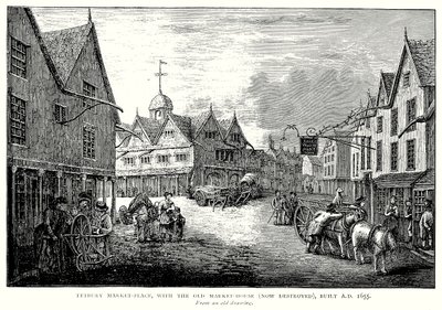 Tetbury Marktplatz, mit dem alten Markthaus (jetzt zerstört), erbaut 1655 (Gravur) von English School