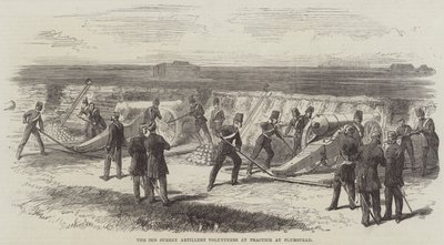 Die 2. Surrey Artillery Volunteers beim Üben in Plumstead (Gravur) von English School