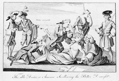 Der fähige Doktor oder Amerika schluckt den bitteren Trank, veröffentlicht im London Magazine, 1. Mai 1774 von English School