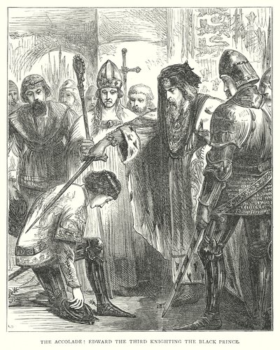 Der Ritterschlag: Eduard der Dritte schlägt den Schwarzen Prinzen zum Ritter (Gravur) von English School
