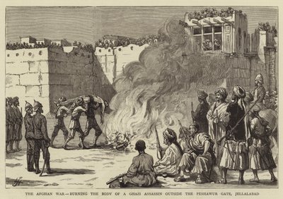 Der afghanische Krieg, Verbrennung des Körpers eines Ghazi-Attentäters außerhalb des Peshawur-Tors, Jellalabad (Stich) von English School