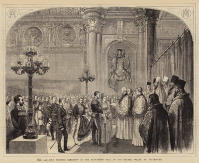 Die anglikanische Hochzeitszeremonie in der Alexanderhalle des Winterpalastes, St. Petersburg (Stich) von English School