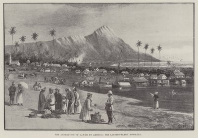Die Annexion von Hawaii durch Amerika, der Landeplatz, Honolulu (Gravur) von English School