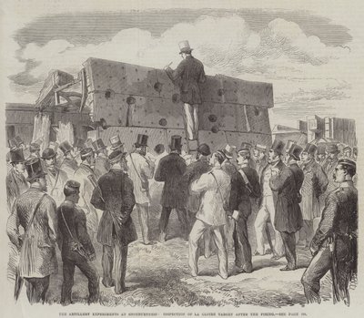 Die Artillerie-Experimente in Shoeburyness, Inspektion des La Gloire Ziels nach dem Schießen (Stich) von English School