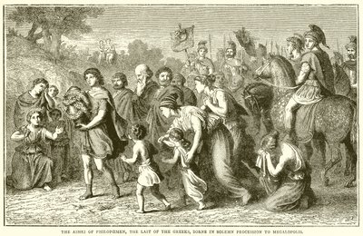 Die Asche von Philopoimen, dem letzten der Griechen, in feierlicher Prozession nach Megalopolis getragen von English School