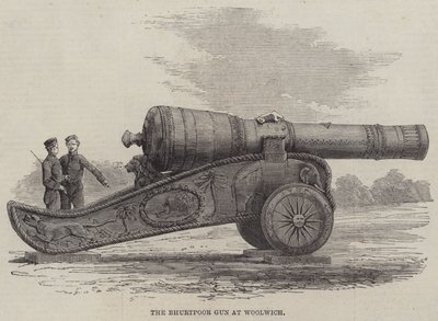 Die Bhurtpoor-Kanone in Woolwich (Stich) von English School