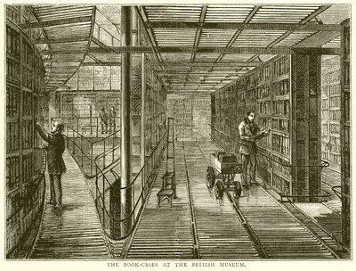 Die Bücherregale im British Museum von English School