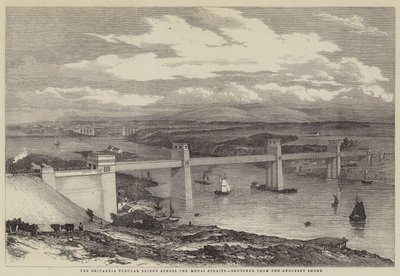 Die Britannia-Röhrenbrücke über die Menai-Straße (Stich) von English School