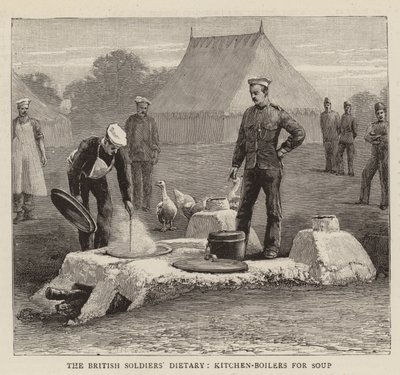 Die Ernährung der britischen Soldaten, Küchenboiler für Suppe (Gravur) von English School