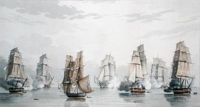 Das britische Geschwader unter dem Kommando von Kapitän Charles Marsh Schomberg und das französische Geschwader unter dem Kommando von Commodore Roquebert, in der Flaute kurz nach Beginn der Aktion vor Madagaskar, 20. Mai 1811 von English School