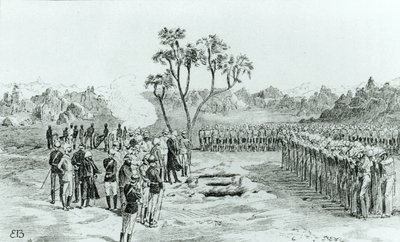 Das Begräbnis von General Earle und den Obersten Eyre und Coveney in Kirbekan, aus The Campaign of the Cataracts von General William Francis Butler, veröffentlicht 1887 von English School