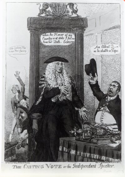 Die entscheidende Stimme oder der unabhängige Sprecher, satirische Karikatur des damaligen Premierministers Henry Addington, 1805 von English School