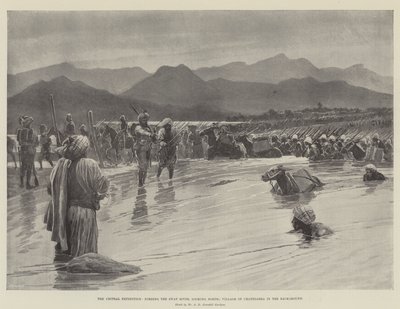 Die Chitral-Expedition, Durchquerung des Swat-Flusses, Blick nach Norden; Dorf Chatedarra im Hintergrund (Lithografie) von English School