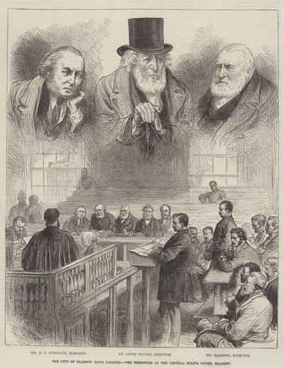 Der Bankrott der City of Glasgow Bank, die Gefangenen im Zentralen Polizeigericht, Glasgow (Gravur) von English School
