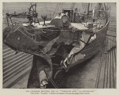 Die Kollision zwischen der SS "Toreador" und "La Bourgogne" (Gravur) von English School