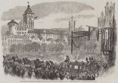 Die Krönung des Königs und der Königin von Preußen, Einzug in Königsberg, die Kutsche der Königin in der Prozession (Stich) von English School