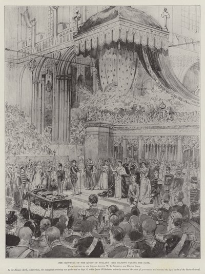 Die Krönung der Königin von Holland, Ihre Majestät leistet den Eid (Gravur) von English School