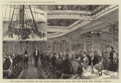 Der Herzog von Edinburgh auf dem Clyde, Mittagessen an Bord des neuen königlichen Postdampfers "Servia" von English School