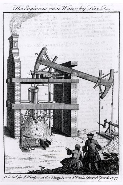 Die Maschine zum Wasserheben durch Feuer, ein Diagramm von Newcomens Dampfmaschine für das Universal Magazine, 1747 von English School