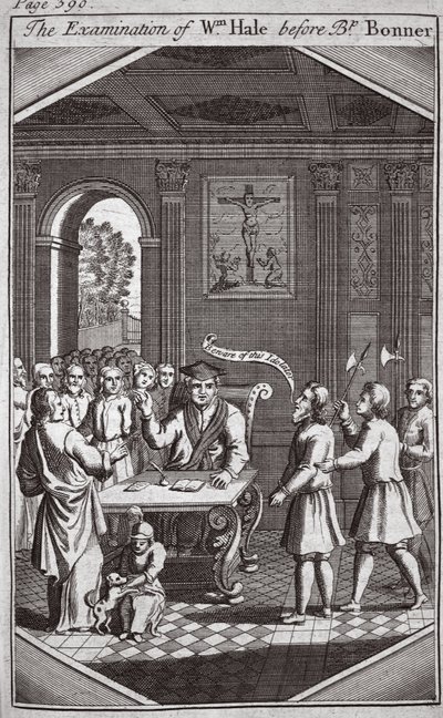 Die Vernehmung von Wm Hale vor Bischof Bonner, Illustration aus Foxes Märtyrer, ca. 1703 von English School