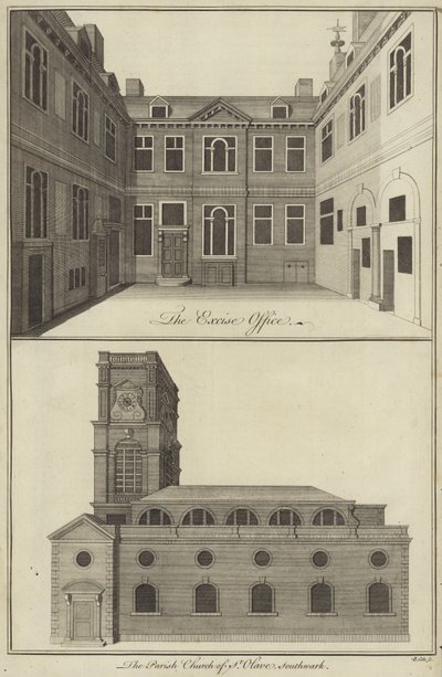 Das Excise Office, London und die Pfarrkirche St Olave, Southwark von English School