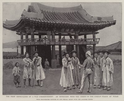 Die ersten Schwierigkeiten eines Kriegsberichterstatters, ein Interview mit den Chefs der koreanischen Polizei in Fusan (Lithografie) von English School