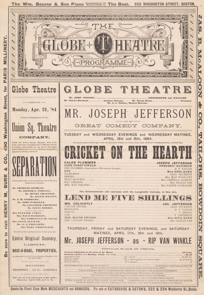 Das Globe Theatre Programm, 21. April 1884 von English School