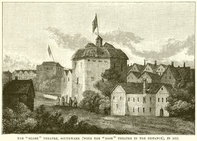 Das Globe Theatre, Southwark (mit dem Rose Theatre in der Ferne), im Jahr 1613 von English School