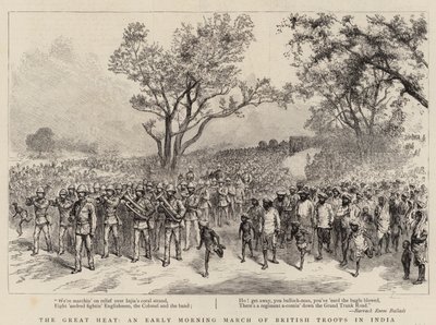 Die große Hitze, ein früher Morgenmarsch britischer Truppen in Indien (Gravur) von English School