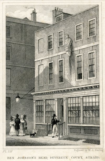 Das griechische Kaffeehaus, Devereux Court, Strand, mit einer Büste von Ben Johnson (Gravur) von English School