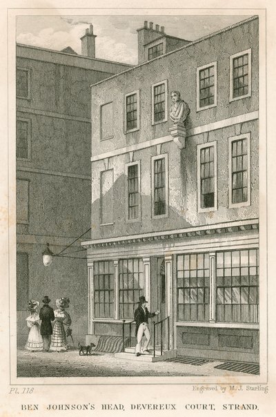 Das Grecian Coffee House, Devereux Court, Strand, mit einer Büste von Ben Johnson von English School
