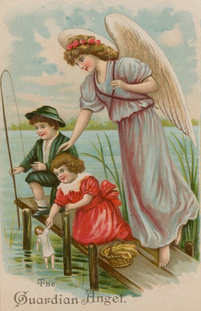 Der Schutzengel, der Junge, Mädchen und Puppe beim Angeln beschützt von English School
