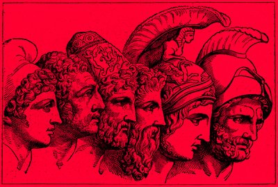 Die Helden des Trojanischen Krieges: Paris, Diomedes, Odysseus, Nestor, Achilles, Agamemnon, Illustration aus Die illustrierte Geschichte der Welt, veröffentlicht um 1880 von English School