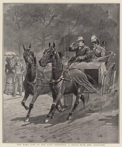 Das häusliche Leben des verstorbenen Präsidenten, eine Fahrt mit Mrs. McKinley (Lithografie) von English School