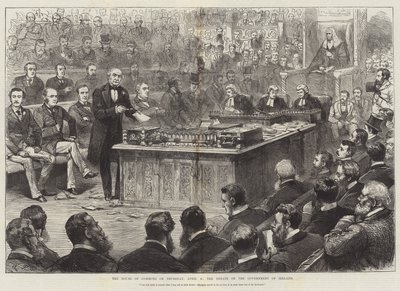 Das Unterhaus am Donnerstag, 8. April, die Debatte über die Regierung Irlands (Gravur) von English School