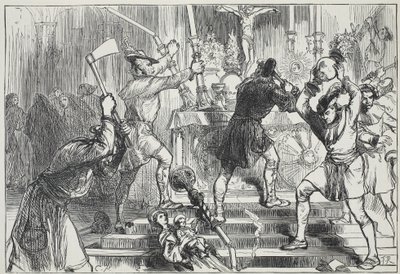 Die Bilderstürmer zerstören die Bilder und Altardekorationen einer römisch-katholischen Kirche, Illustration aus Die Geschichte des Protestantismus von James Aitken Wylie, veröffentlicht 1878 von English School
